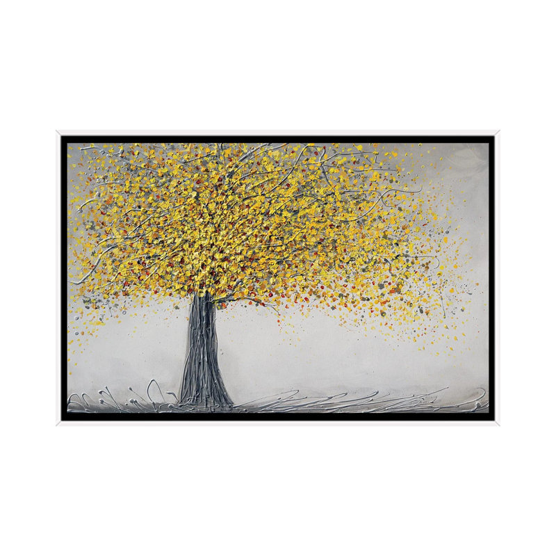 Happy Yellow Tree - Wall Art Print - Framed Canvas, 26" H x 40" W, Framed Print without Mat, White