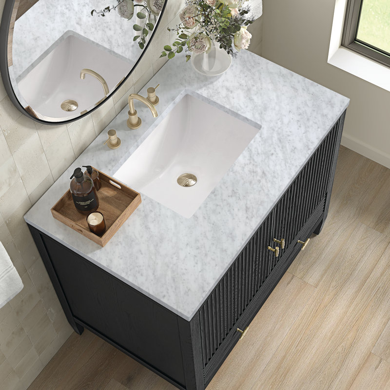 Myrrin 36'' W Single Vanity, Carbon Oak, Carrara White, 8" Widespread