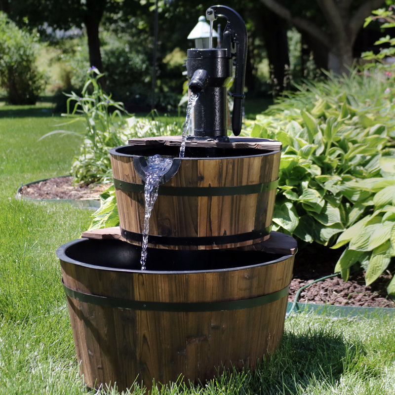Wood Barrel Weather-Resistant Brown 2-Tier Outdoor Water Fountain with Hand Pump