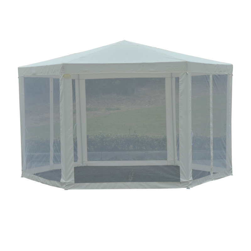 13 Ft Hexagon White Steel Frame Patio Gazebo with Mesh Walls