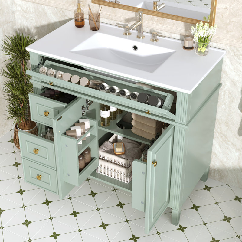 Meuble-lavabo avec lavabo, 3 tiroirs et 2 portes à fermeture en douceur, Vert