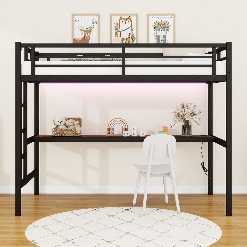 Metal Loft Bed With Desk, Charging Station And LED Lights, Twin
