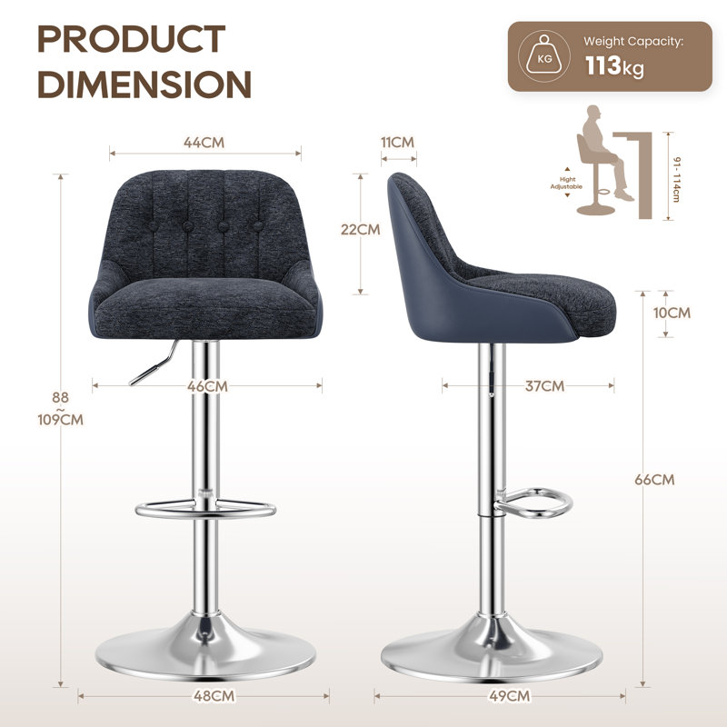 Swivel Upholstered Counter Stool with Metal Frame, Blue