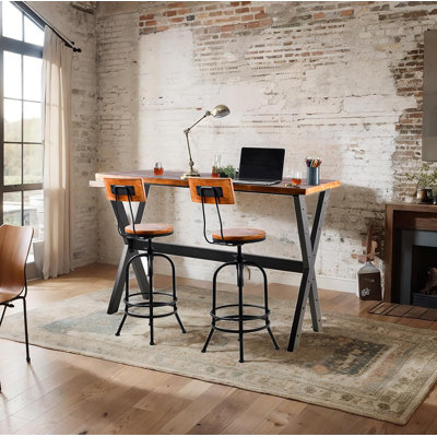 3-Piece Table & Chairs Set,  Bar Dining Cafe Pub Party, Industrial Black Metal & Rustic Brown Wood, X-Leg Rectangular Table, 2 Swivel Adjustable Barstools With Backrest