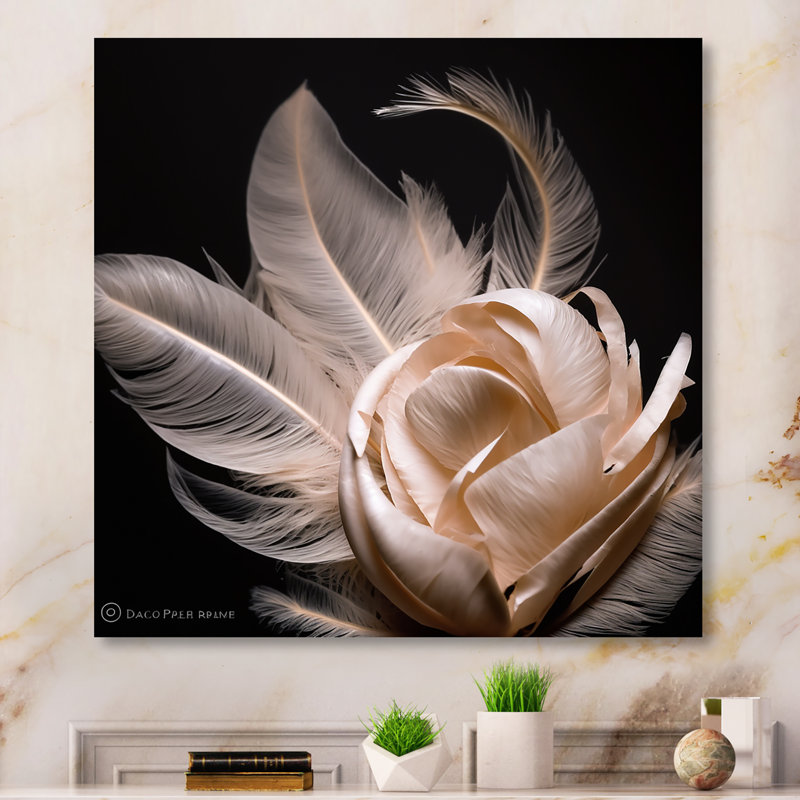 Pink Feather Rose On Black I - Rose Metal Print, 23" H x 23" W x 1" D