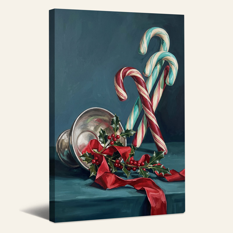 " Red and Blue Candy Canes with Holly and Silver Christmas " Painting, H 18 po x l 12 po