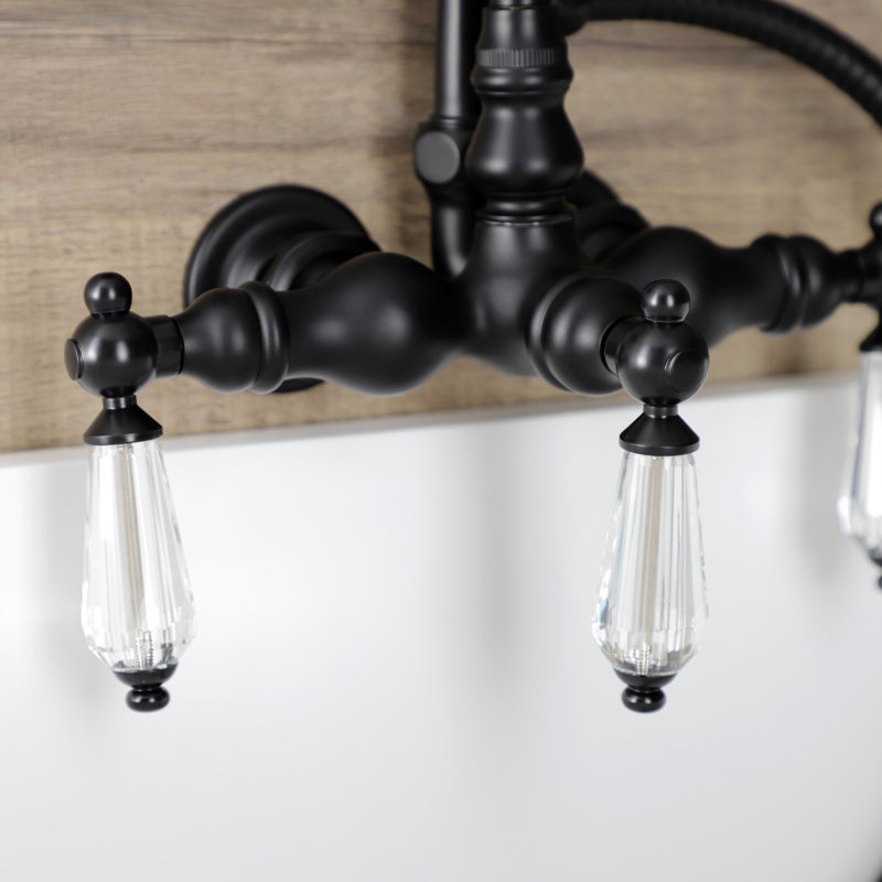 Kingston Brass Wilshire Three-Handle 2-Hole Tub Wall Mount Clawfoot Tub Faucet with Hand Shower, Matte Black