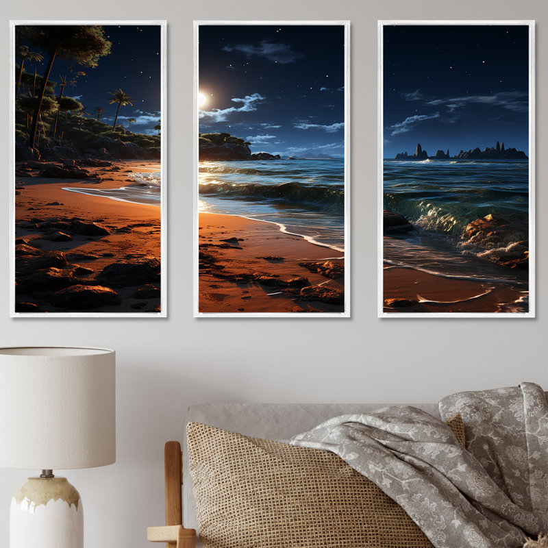 Mystic Tropical Beach Moonlight II - art mural plage, Cadre flottant blanc, H 32 po x l 48 po x P 1 po