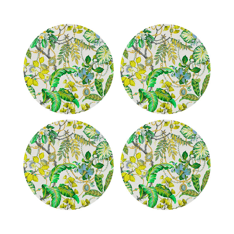 Plumeria Natural Vegan Leather Round Coasters, Lemon