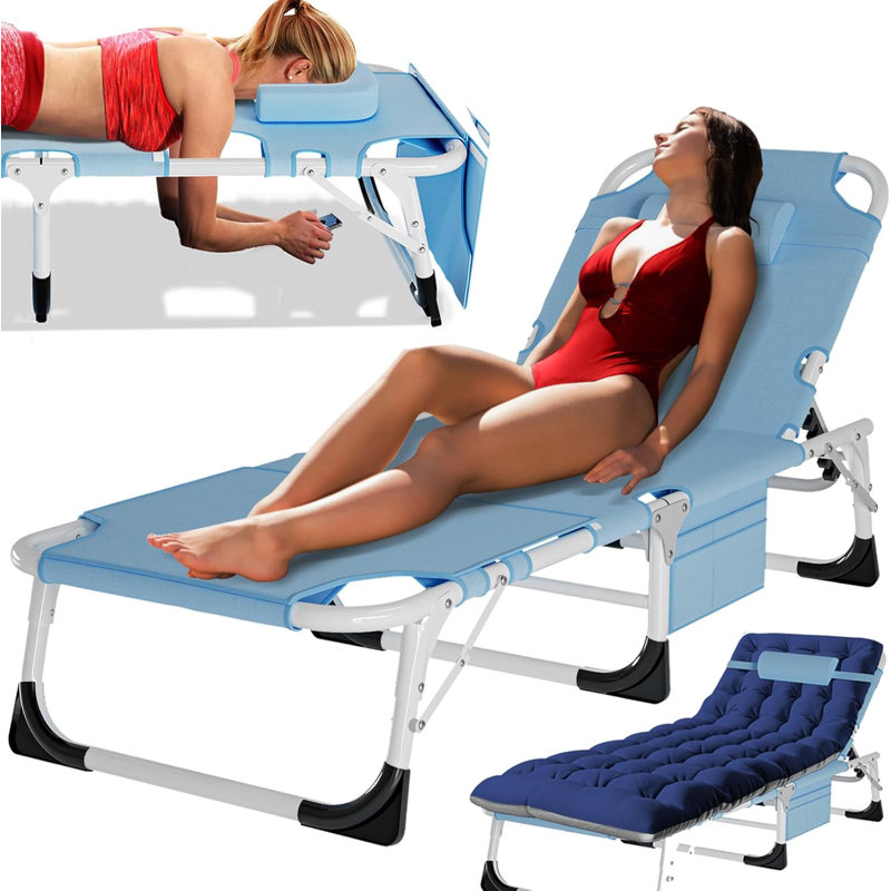 5-Position Adjustable Folding Tanning Lounge Chair With Face Hole, Portable Outdoor Sunbathing Chaise For Pool, Beach, And Patio