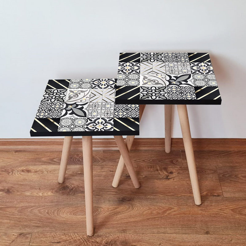 Modern Nesting Table Set (2 Pieces), Black & White with Gold Accents, 13.8 x 18.5 x 13.8 in (Larger: 13.8 x 18.5 x 13.8 in, Smaller: 13.8 x 16.5 x 13.8 in) | 100% MDF with Beech Wood Legs | Stylish & Functional for Living Room & Office
