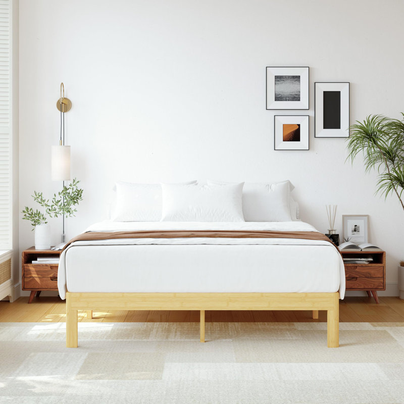 12" Solid Wood Platform Bed, Heavy Duty Metal Leg Support To 1500lbs, Natural Bamboo Material, Easy Assembly, King