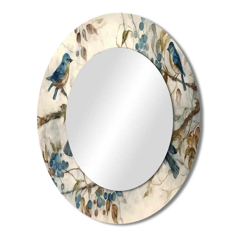 Quatre oiseaux bleus rétro sur une branche IV - animaux miroir décoratif ovale sur métal, 43 po x 33 po