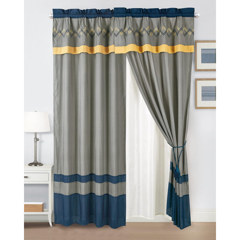 Room Darkening Curtain Pair, Navy/Gray/Yellow