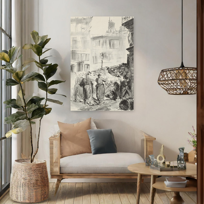 La Barricade, 1871, imprimée en 1884. Estampe abstraite contemporaine représentant un mur urbain., H 48 po x l 32 po