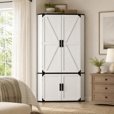 70.9'' Corner Wardrobe Armoire with Hanging Rod, Freestanding Corner Closet Storage Cabinet with Crossbuck Doors for Bedroom