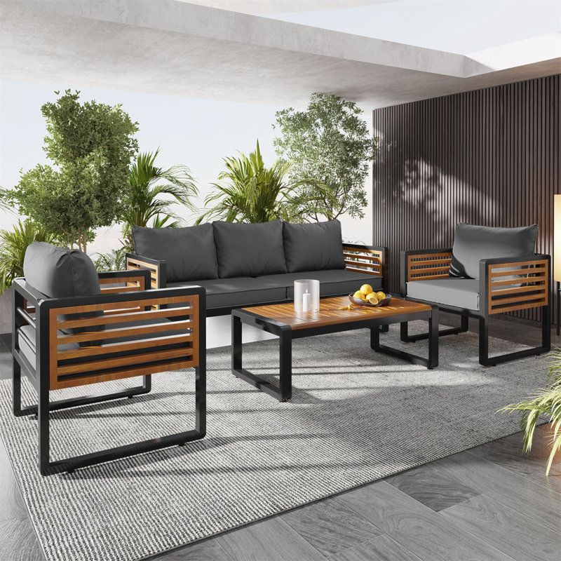 Outdoor Sofa Set For 5 With Removable Cushions And Sturdy Metal-Wood Frame, Gray