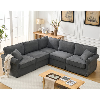 [VIDÉO FOURNIE] Ensemble de canapé modulaire modulaire, canapé convertible en forme de L, 5 places, canapé modulaire réversible, rembourré, canapé d'angle, accoudoirs roulés, tissu en lin doux, gris foncé