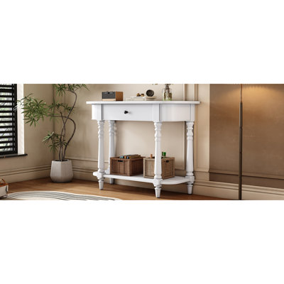 Console étroite avec coin incurvé, table de hall d'entrée rétro avec tiroir supérieur et tablette ouverte, tables de console de canapé pour le hall d'entrée, le couloir et le salon (blanc), table