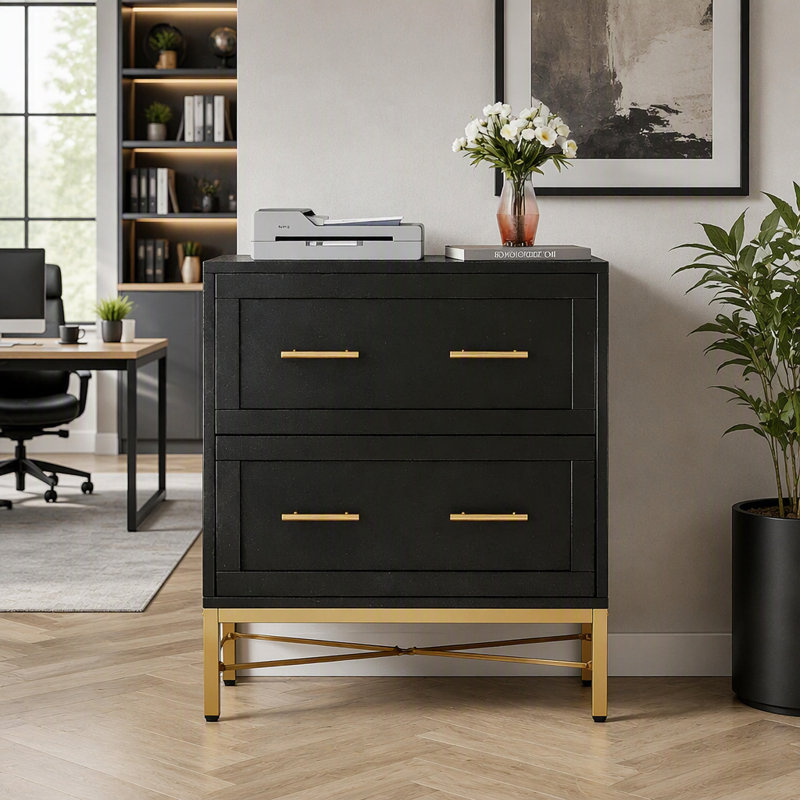 Classeur de bureau au design épuré, doté d'un rangement durable et d'élégants détails dorés, pour les espaces de travail modernes.