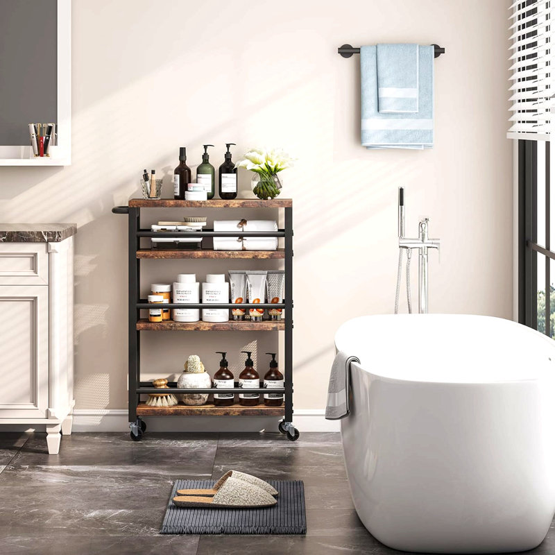 Chariot utilitaire à roulettes 20 po à 4 niveaux avec roulettes, chariot de rangement étroit pour la cuisine pour petits espaces, étagère à épices en bois et en métal, étagère mobile pour garde-manger, salle de bain - brun et noir