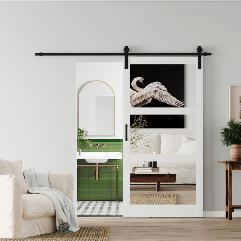 Porte de grange coulissante avec miroir et 3 pièces, 36 po x 85 po