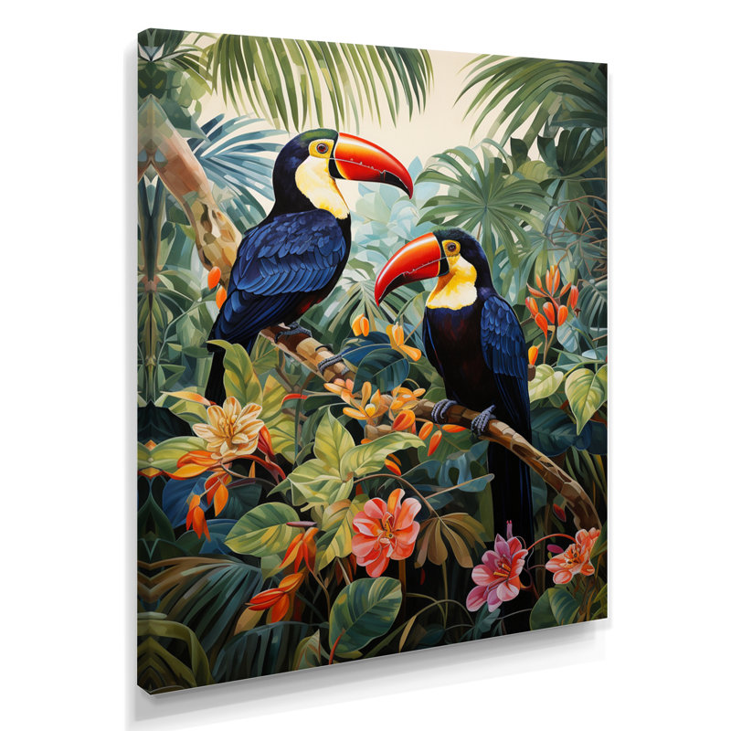 Trois toucans dans une jungle de fleurs tropicales - décoration murale animaux toucan, Toile tendue