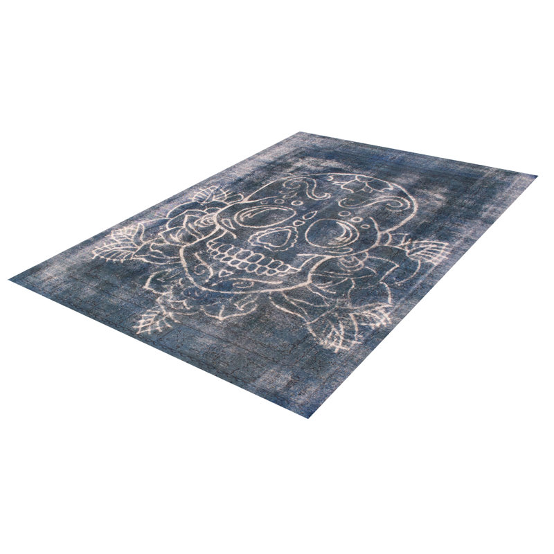 Tapis bleu foncé en laine noué à la main de conception unique 8 pi 1 po x 11 pi 3 po New Age