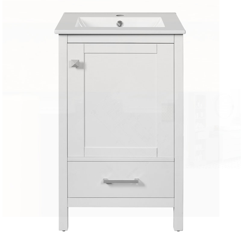 Meuble-lavabo moderne avec lavabo en céramique, tiroir et porte à fermeture en douceur, organisateur de porte à double couche, tiroir de séparation, patins réglables - conception de rangement peu encombrante