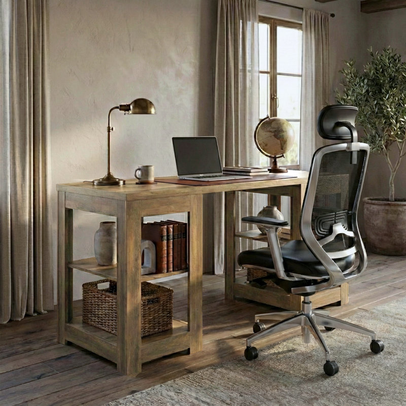 Pruitt Hollister Modern 59.1" Study Table With Open Storage And Shelves, Brown