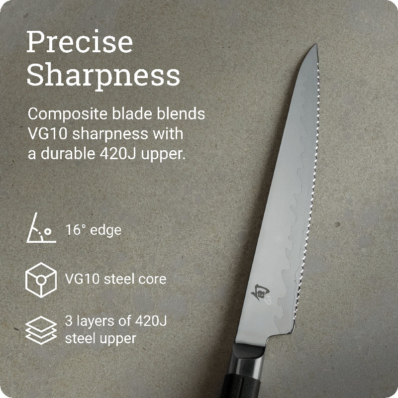 Shun Sora 5.5" Serrated Utility Knife, Handcrafted Japanese Kitchen Knife, VG10 Steel Edge and 420J Stainless Steel Blade, Balanced Handle, Precision and Sharpness for Professional and Home Chefs