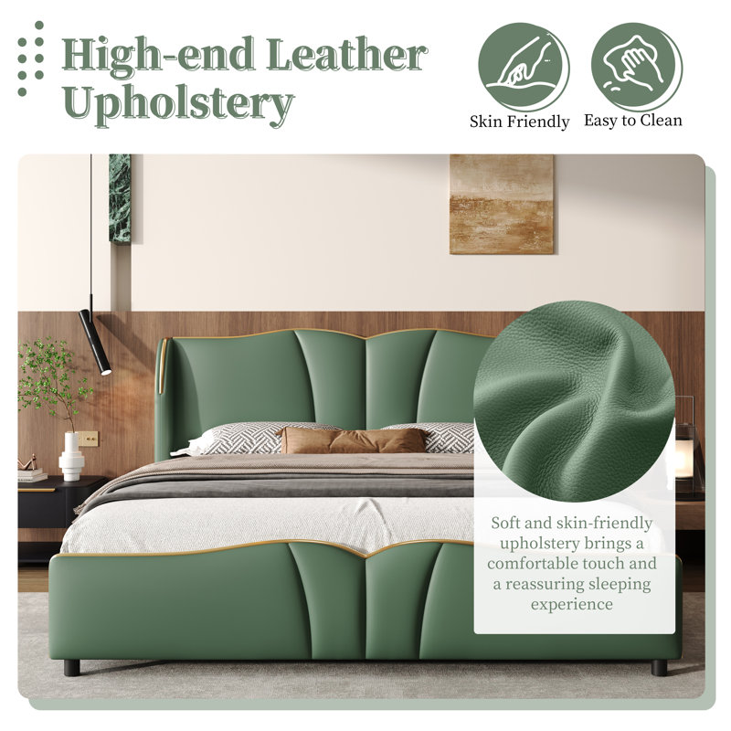 Structure de lit tapissier très grand en cuir, cadre de lit moderne avec tête de lit à oreilles, lit plateforme tapissier avec pied de lit ondulé, pas de sommier nécessaire, vert foncé