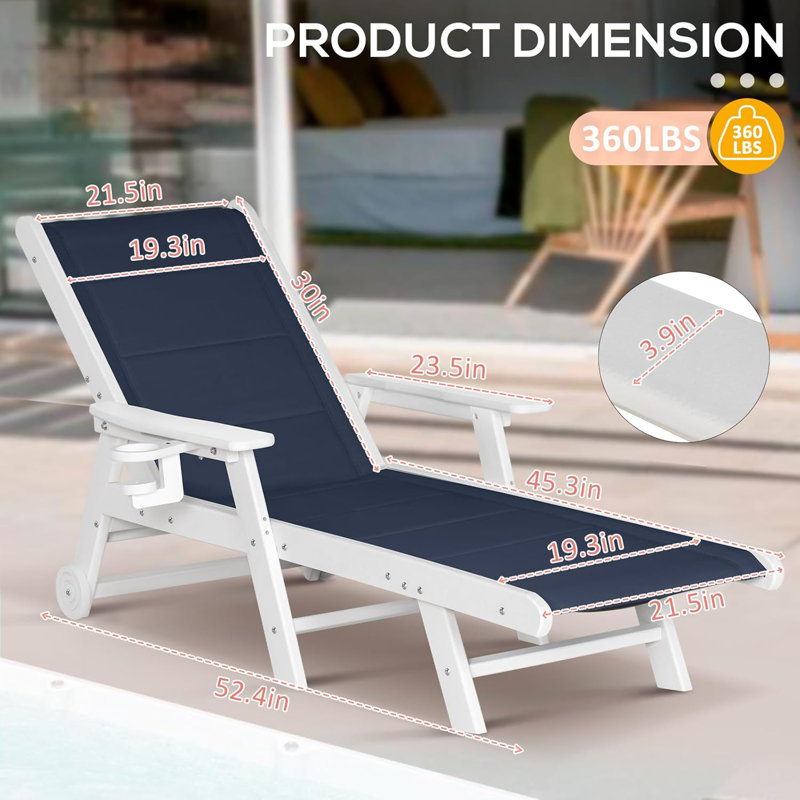 Chaise longue d'extérieur, réglable à 5 positions pour la plage avec roues et porte-gobelet, Coussin bleu / cadre blanc