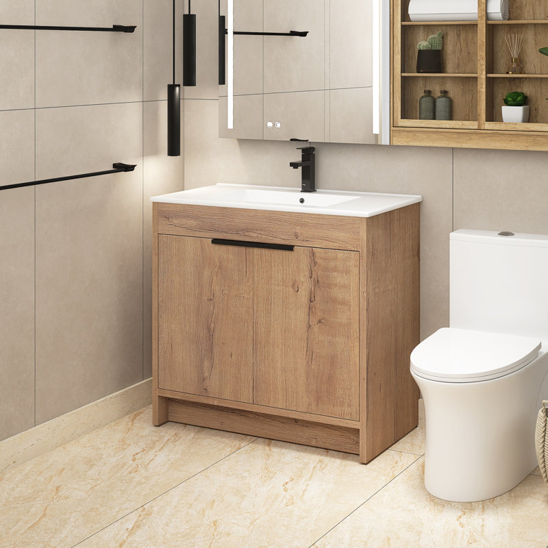 Meuble-lavabo simple 36 po avec plateau en céramique Navay, Brun