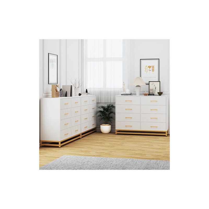 8 Drawer Wood Dresser for Bedroom, Wooden Dressers with Gold Handle, Modern Chest of Drawers, Wood Closet Clothes Storage Organizer