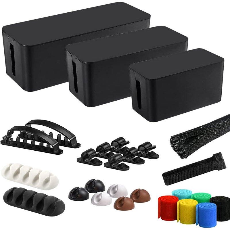 Cable Management Box, 3 Pack Cord Organizer Boxes With 33 PCS Cable Management Set To Cover Hide Power Strip, Surge Protector Under Desk & On Floor, Wire Concealer For Home Office Computer TV (Black)