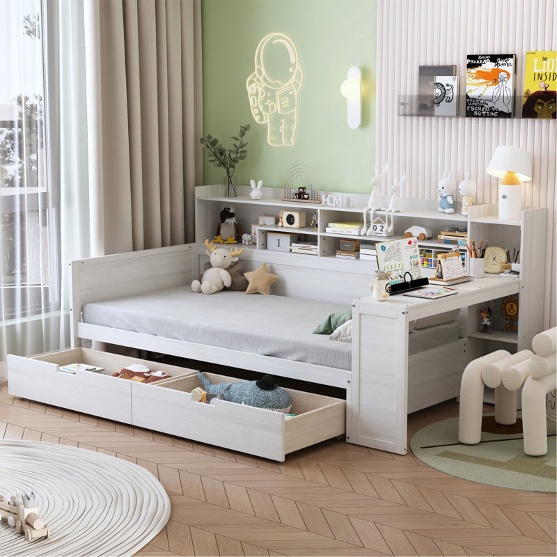 Lit de jour simple en bois avec tablettes de rangement, lit multifonctionnel avec deux tiroirs de rangement et bureau d'étude