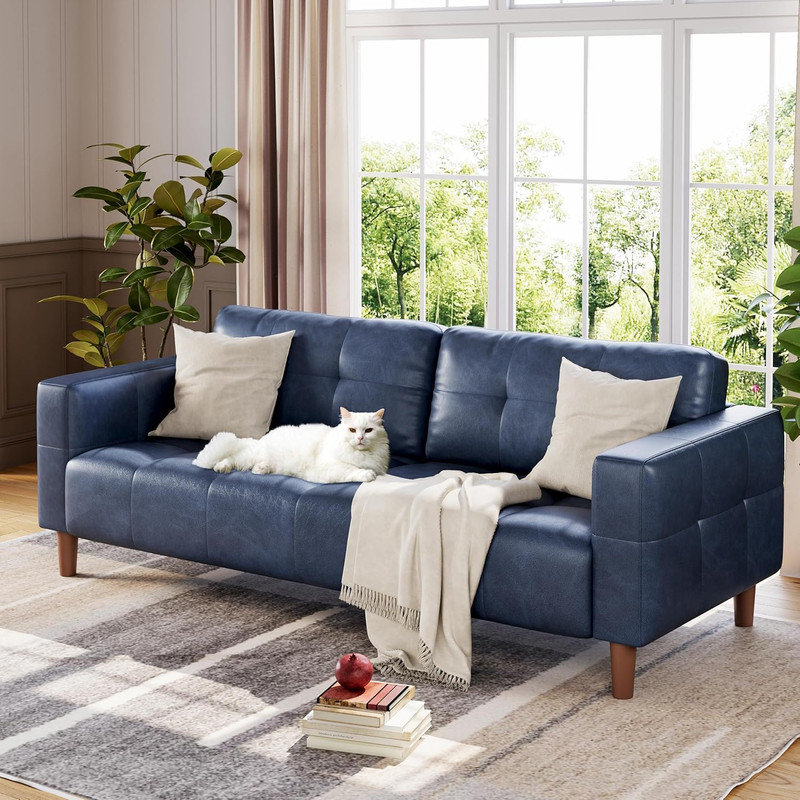 83" 3-Seater Faux Leather Sofa with Spring Cushion, Deep Seat Sofa for Living Room & Office, Blue