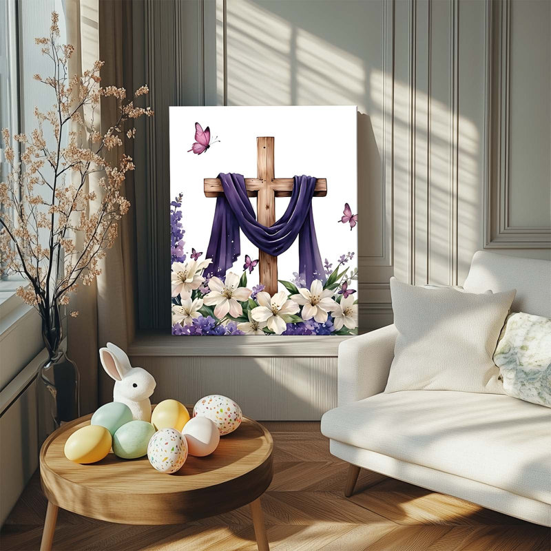 Reproduction d'art sur toile encadrée P&L - reproduction de Pâques 12 po x 16 po (drapé mauve, papillons et fleurs) - Cozy