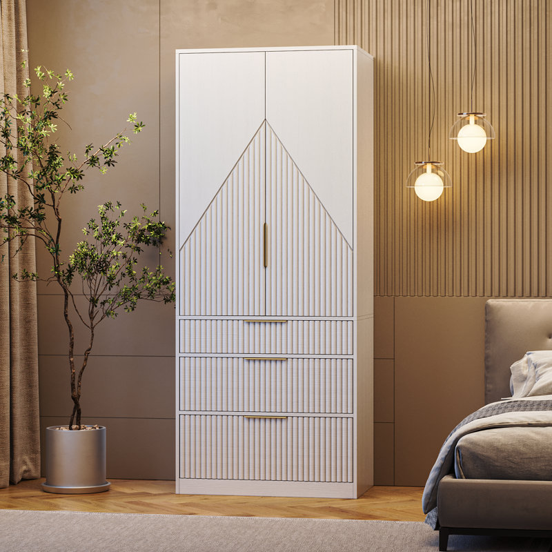 White Modern MDF Wardrobe Armoire with Gold Handles