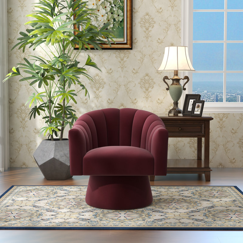 Fauteuil demi-tonneau pivotant de 25,2 po Iryanna, Velours rouge, 1