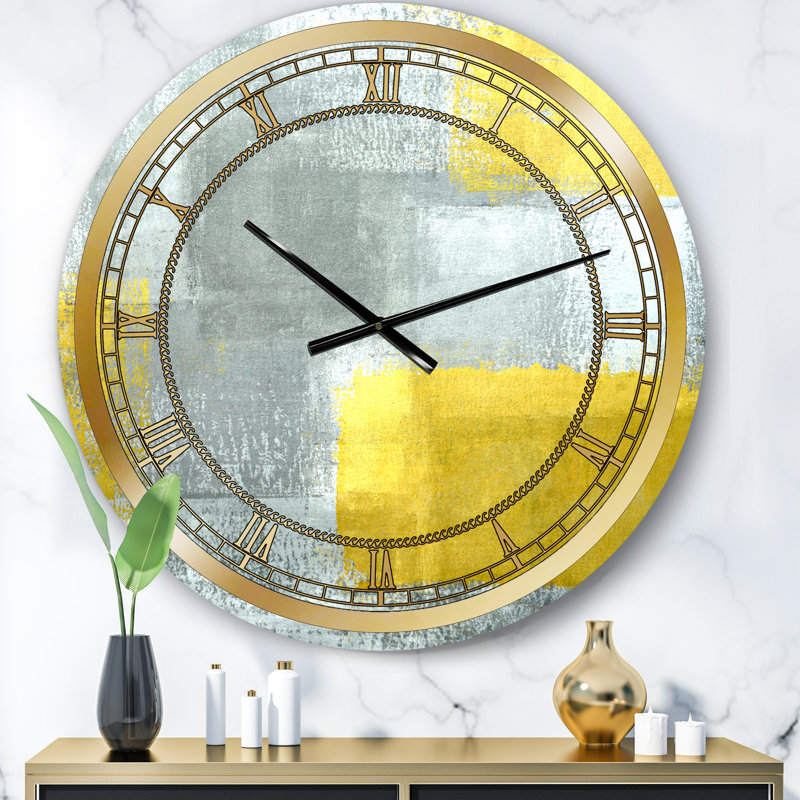 Gris et jaune bleu abstrait X - horloge murale moderne, Petit