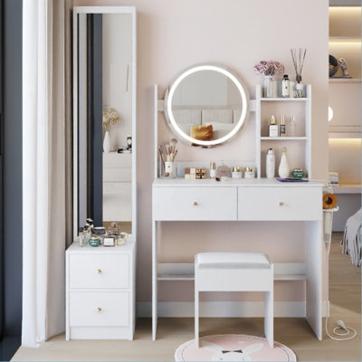 Armoire à miroir pleine grandeur + coiffeuse ronde à DEL + tabouret rembourré, 17 po