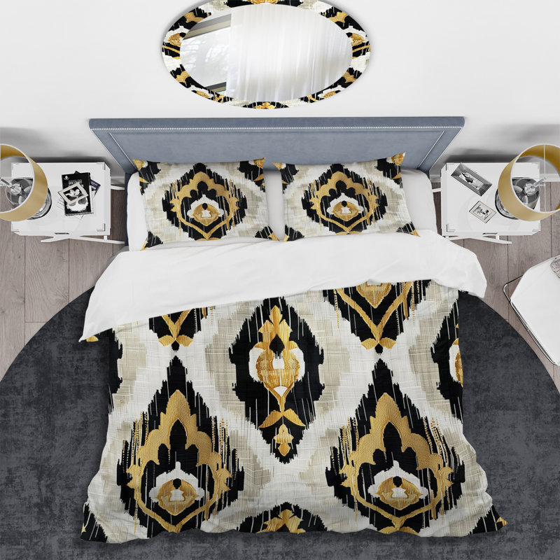 Black Gold Geometric Retro Print - Geometric Retro Duvet Cover Set, King Duvet Cover + 2 King Pillow Shams