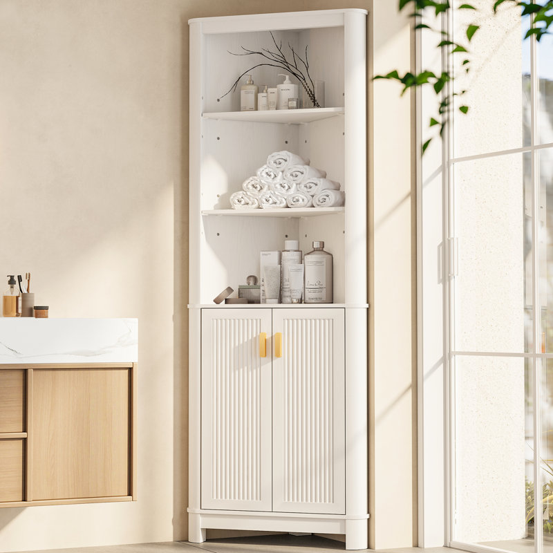 68" Tall Fluted Corner Cabinet For Bathroom, Modern Living Room & Kitchen - Adjustable Shelves, Space-saving Natural Oak Storage, Curved Profile Design