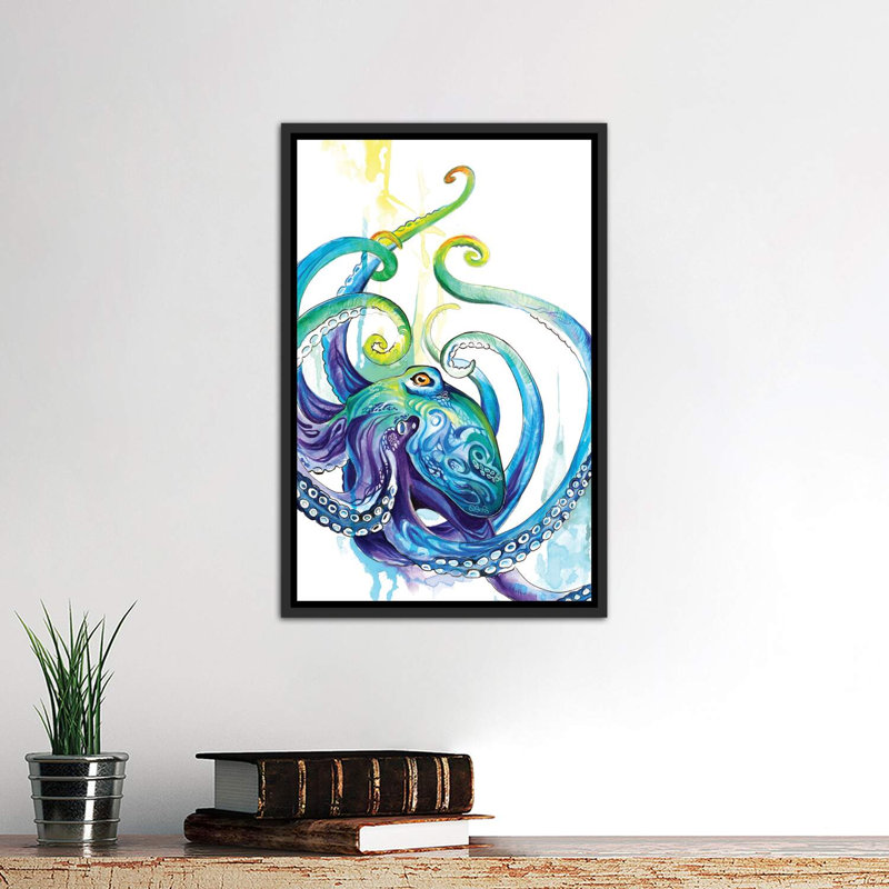 Octopus par Katy Lipscomb - impression d'art graphique, H 26 po x l 18 po x 1,5 po, Toile avec cadre noir patiné