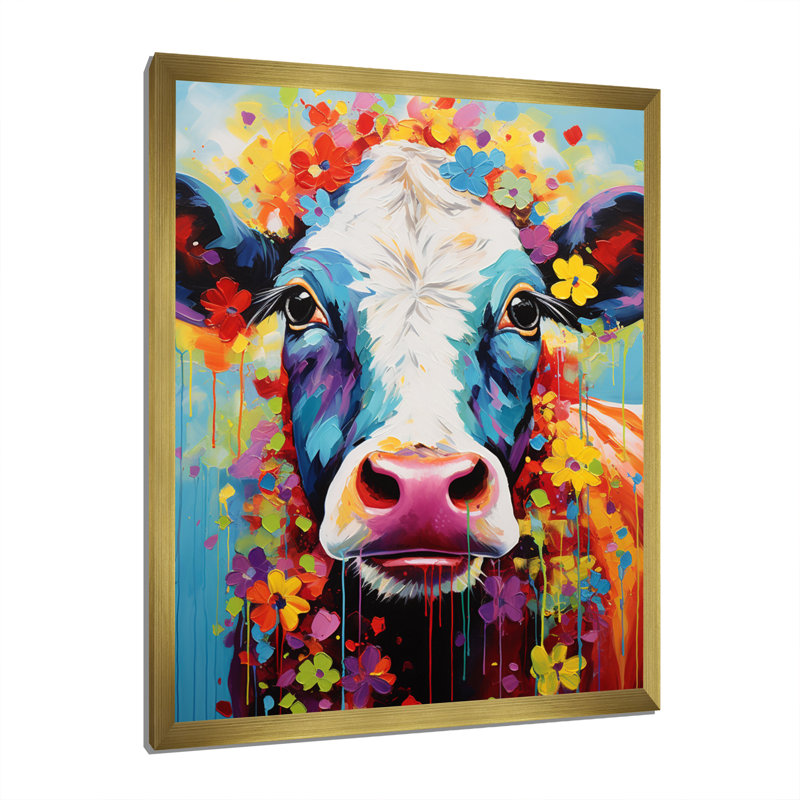 Vache fantaisie - art mural, Cadre doré simple, H 44 po x l 34 po x P 1,5 po