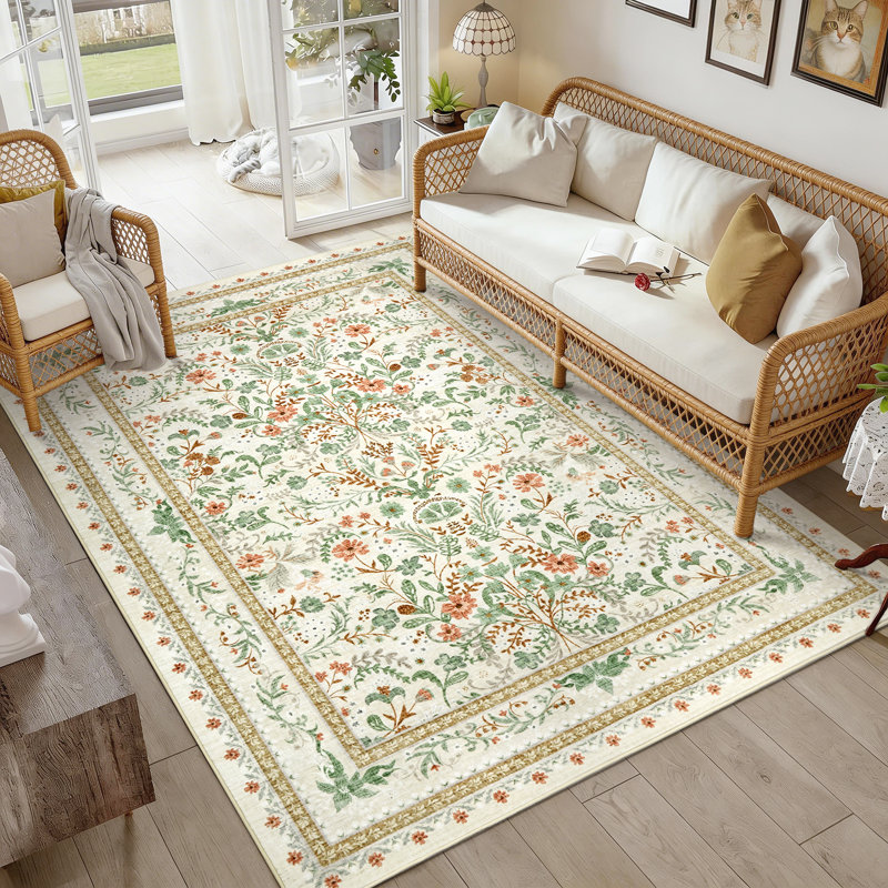 Tapis floral délavé et lavable rétro, Beige, 10*13