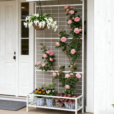 Support à plante blanc, support à plante haut en métal avec treillis et barre de suspension, pour l'intérieur et l'extérieur