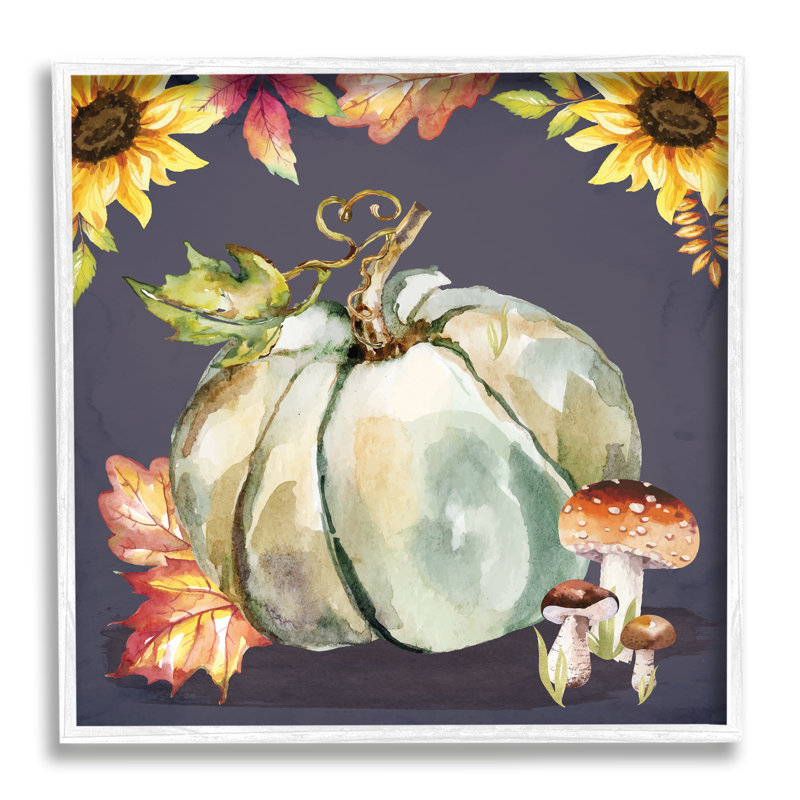 Floral automne citrouille et champignons par ND Art, H 17 po x l 17 po x P 1,5 po, Giclée encadrée blanc bord de mer